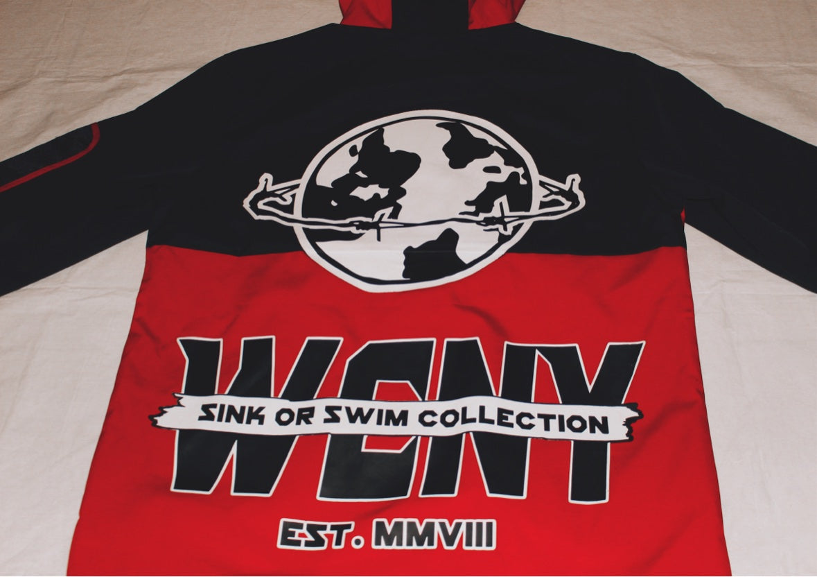 WCNY Windbreaker — Black & Red colorway, back view with WCNY globe graphic