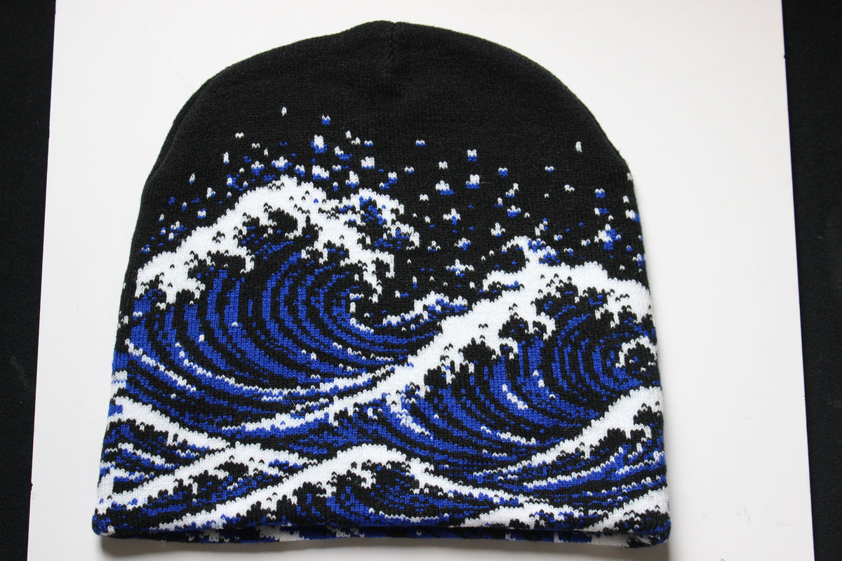 Waves Never Die Jacquard Beanie - Black, back wave pattern