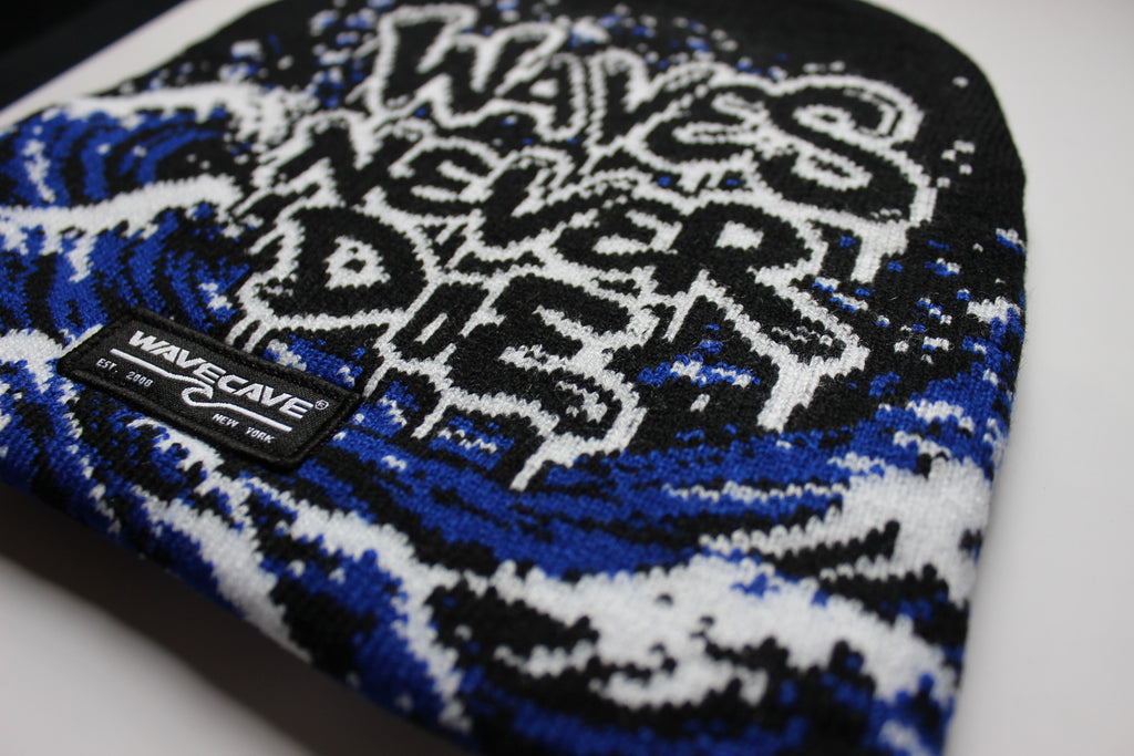 Waves Never Die Jacquard Beanie - Black, knit lettering detail