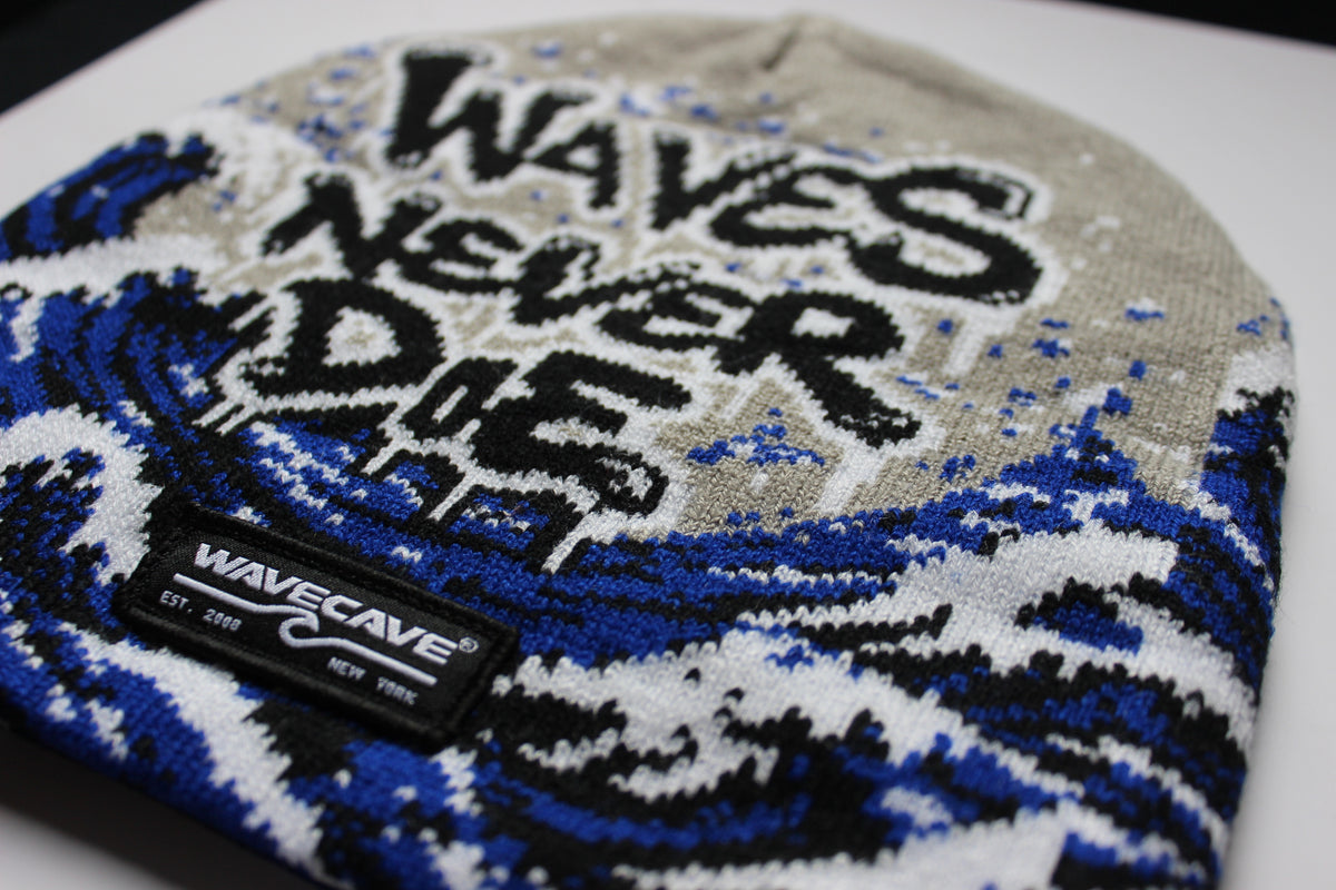 Waves Never Die Jacquard Beanie - Grey, knit lettering detail